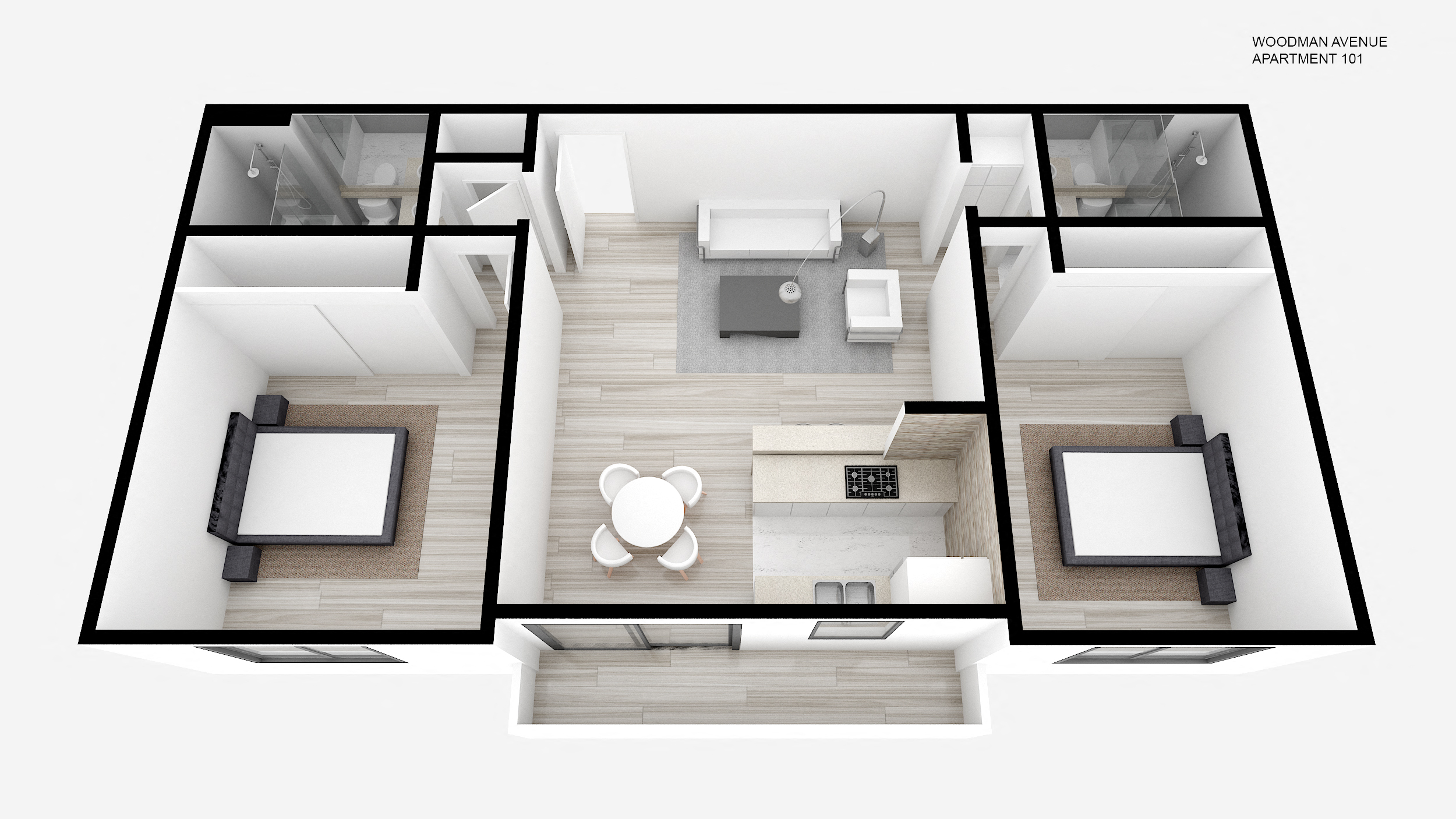 Floor plan for 2 beds, 2 baths, 965 sqft